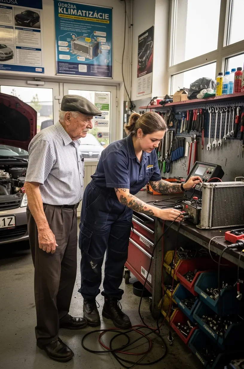 Pohľad do moderného autoservisu so zariadením na testovanie a servis klimatizácie pred letom.
